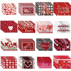 Linen Valentine Day Place Mat Heart Gnome Printed Heat Resistant Waterproof Rectangular Table Mat For Home Wedding Dining