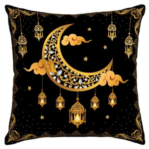 Golden moon and star printed black cushion cover with exotic patterns and tassel lamp designs