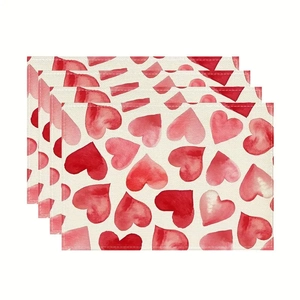 Set of 4 waterproof rectangular placemats with red watercolor heart patterns