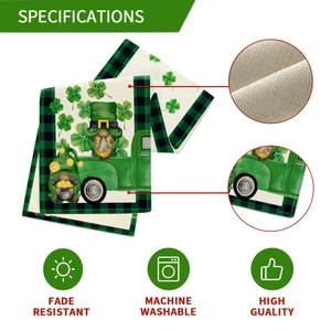 Detail of St. Patrick's Day table runner with gnome print and fabric texture overview