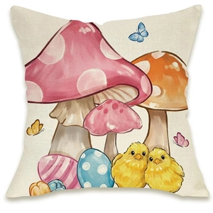 Detail of linen pillowcase featuring Easter bunnies, mushrooms, and chicks illustration
