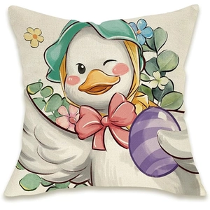 Close-up of linen cushion cover featuring a vintage cartoon duck with a colorful Easter egg