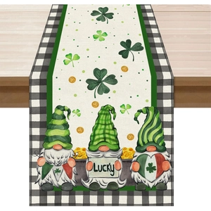 Detail of St. Patrick's Day table runner with gnomes, shamrocks and gold coins print