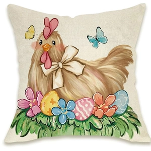 Close-up of linen pillowcase fabric with Easter hen and colorful egg print details
