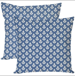 Set of two navy blue floral square throw pillow covers with white leaf prints