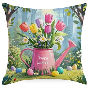 Happy Easter cushion cover featuring pink watering can with tulips and colorful eggs
