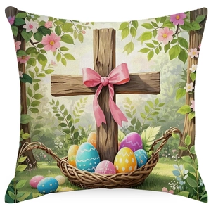 Easter decorative pillow case featuring a wooden cross with colorful eggs and garden scene