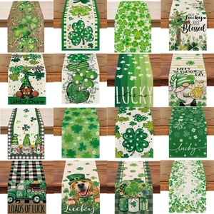 St Patrick's Day Table Runner Green Shamrock Clover Gnomes Truck Print Polyester Rustic Farmhouse Kitchen Dining Table Decor