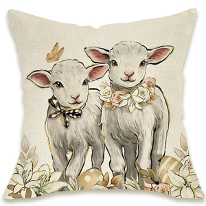 Detailed texture of linen pillowcase with Easter bunnies and floral illustration