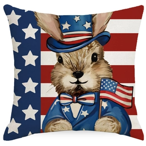 Patriotic rabbit Independence Day linen pillow cover with American flag stars and stripes