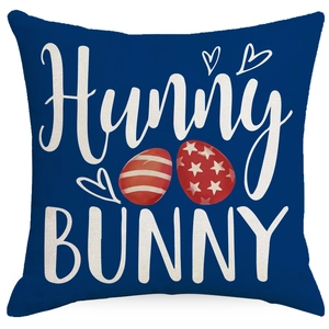 Navy linen Easter pillow cover with Hunny Bunny text and festive colorful eggs design