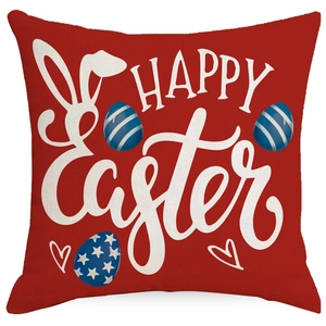Red Easter pillow case with white Happy Easter bunny ears and colorful egg prints