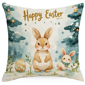 Detail of Happy Easter cushion cover showing watercolor rabbits and eggs on linen fabric