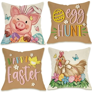 Set of 4 Easter linen cushion covers with rabbit and egg hunt designs for home decor