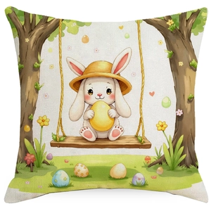 Detailed view of Easter pillowcase texture with cartoon rabbit and colorful eggs print