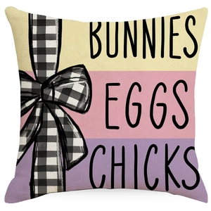 Easter linen pillow cover with buffalo check bow, bunnies, eggs, and chicks prints