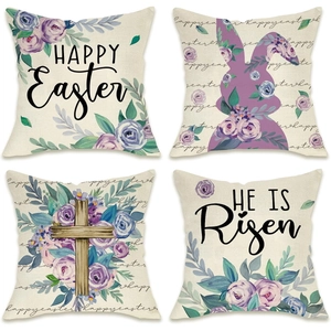 Set of four Easter linen pillow covers with rabbit silhouettes and floral Happy Easter text