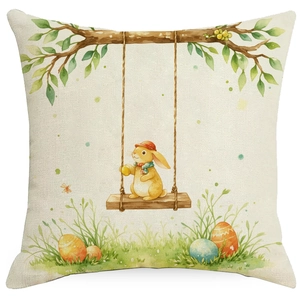 Detail of Easter pillow cover featuring a cute bunny on a swing with colorful eggs