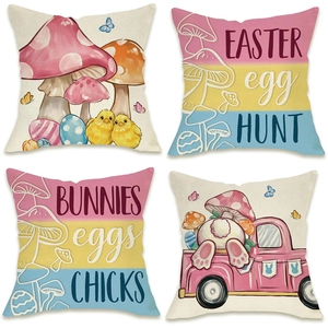 Set of 4 Easter linen pillow covers featuring rabbit, chick, and mushroom printed patterns