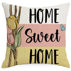 Easter rabbit linen pillow cover with floral tulips and Home Sweet Home print text