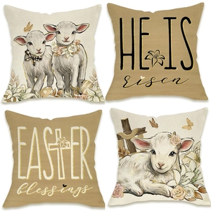 Set of four linen Easter pillow covers featuring bunnies, flowers, and religious motifs