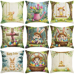 Easter Pillowcase Linen Watercolor Rabbit Eggs Flower Throw Cushion Cover Home Sofa Decorative Square Case No Insert