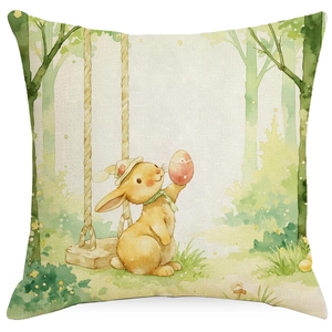 Easter throw pillow cover featuring cartoon bunny and colorful eggs watercolor print