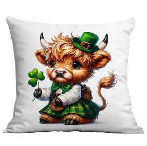 Detailed close-up of St. Patrick's Day Highland cow cushion cover with clover and hat