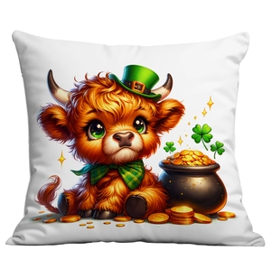 Detail of St. Patrick's Day pillow case featuring a highland cow with lucky clover and gold