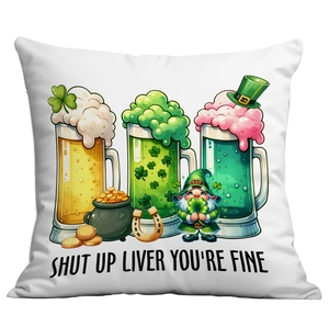 St. Patrick's Day cushion cover with leprechaun, gold coins, and funny beer graphic