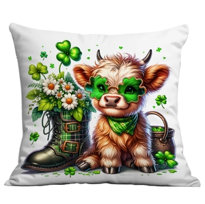 Square St. Patrick's Day pillow cover featuring a Highland cow with green clovers