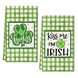 St. Patrick's Day green gingham kitchen towels with Lucky and Kiss Me I'M IRISH slogans