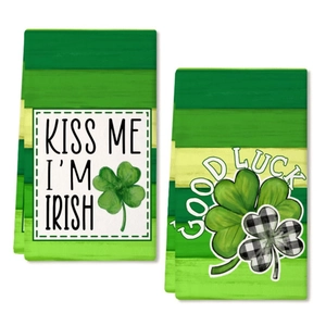 Saint Patrick's Day kitchen towels featuring Irish slogans and green clover patterns