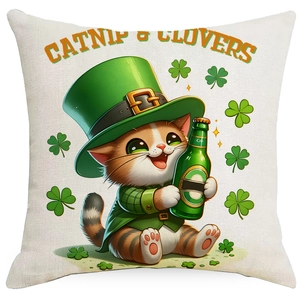 Detail of St. Patrick's Day pillow cover featuring a cat in a green hat and lucky clovers