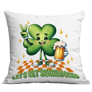 Close-up of St. Patrick's Day pillow case with cartoon shamrock and festive slogan