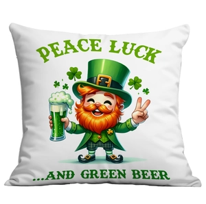 Detail of St. Patrick's Day cushion cover with Leprechaun and Green Beer print on white fabric