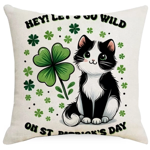 Detail of St. Patrick's Day pillowcase featuring a cartoon cat and green clover design