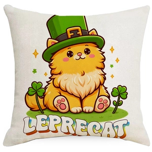 St. Patrick's Day Leprecat pillow cover featuring an orange cat in a green festive hat