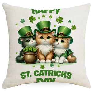 Detail of St. Patrick's Day pillowcase with three cats in green hats and shamrocks