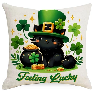 Detail of St. Patrick's Day pillow cover with cartoon black cat, clovers and lucky text