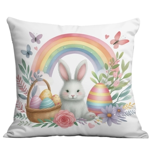 Detail of Easter bunny pillowcase with rainbow, eggs and spring floral patterns