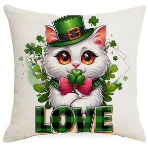 St. Patrick's Day cushion cover detail showing cat illustration and LOVE text on linen