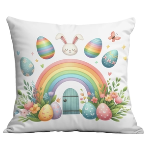 Detail of soft fabric texture on square Easter pillow cover with rainbow bunny print