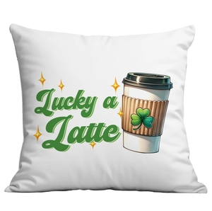 White St. Patrick's Day cushion cover with Lucky a Latte green clover coffee design