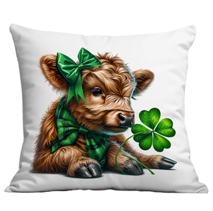 St. Patrick's Day cushion cover featuring cute Highland calf with clover and green bows