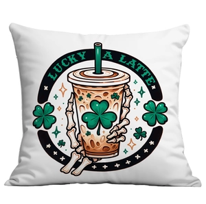Saint Patrick's Day pillow cover with Lucky a Latte print and clover design