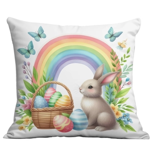 Rainbow Easter bunny throw pillow cover with floral patterns and colorful eggs