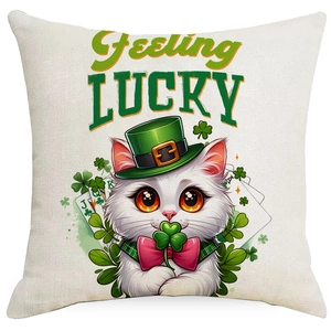 St. Patrick's Day decorative pillowcase with cartoon cat and green shamrock design