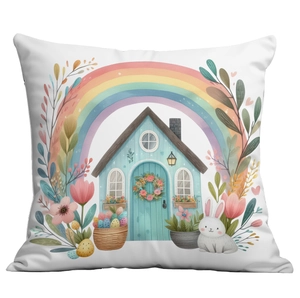 Easter rabbit cushion cover with rainbow, house and tulip floral print on white fabric
