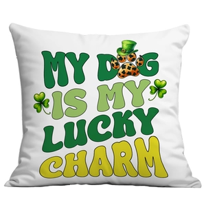 Close-up of St. Patrick's Day pillowcase featuring clover and leopard dog paw print design
